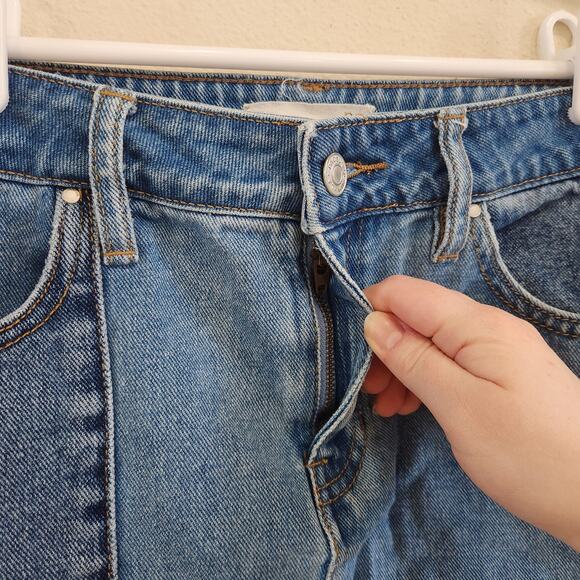 Y2K Vintage Pacsun Patchwork Denim Mini Skirt Blue Cotton Raw Hem Size 25 - Picture 8 of 11